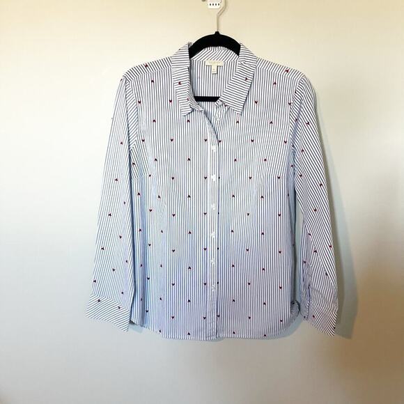 Talbots blue pinstripe red velvet heart button up women’s medium petite - Picture 1 of 8